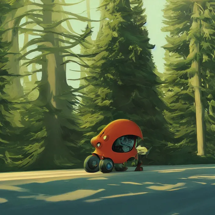 Image similar to fat alien on wheels rolling through the forest, highly detailed, Edward Hopper and James Gilleard