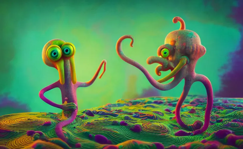 Image similar to squidward taking an acid trip, digital painting, octane render, psychedelic, intricate detail, highly detailed