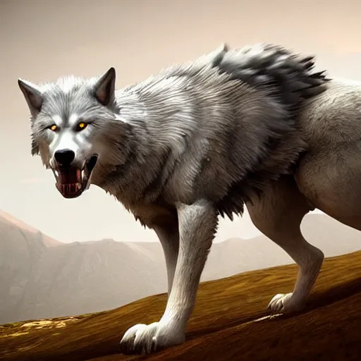Image similar to a giant grey wolf with a white main and two unicorn horns on its head, a white star shape on his four head, yellow eyes, beautiful, ultra realistic, great wolf, unreal engine 5, dynamic lighting, highly detailed, lightning around