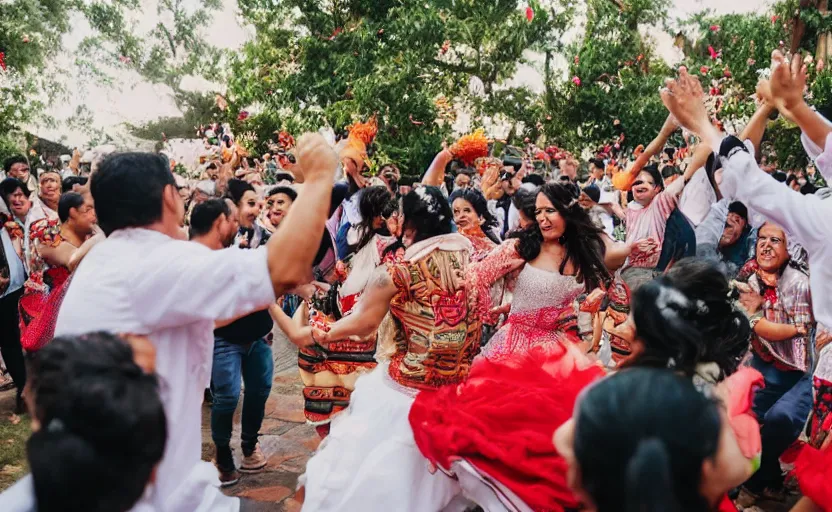 Prompt: a crowd of mexicans dancing around a giant tequila bottle in a wedding,