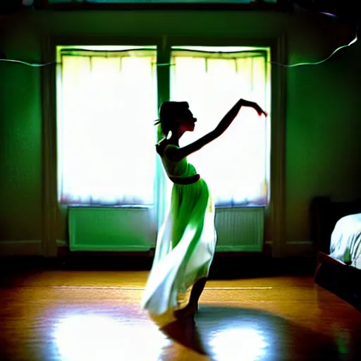 Image similar to cute girl wearing white dancing joyfully in her bedroom at night, dark green atmospheric lighting, elegant, highly detailed, heavy grain, sharp focus, depth of field, radiant light, 8 k, hdr, beautiful composition, photographed by steve mccurry