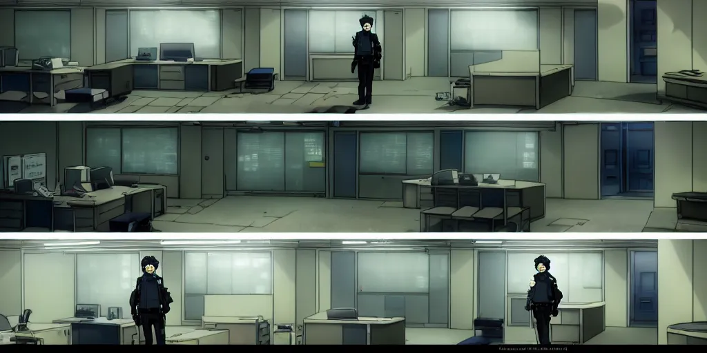 Image similar to an empty after hours cyberpunk police office office in the cyberpunk anime film, Shichiro Kobayashi, screenshot in the anime series ergo proxy ergo proxy ergo proxy and Detroit metal city, interior