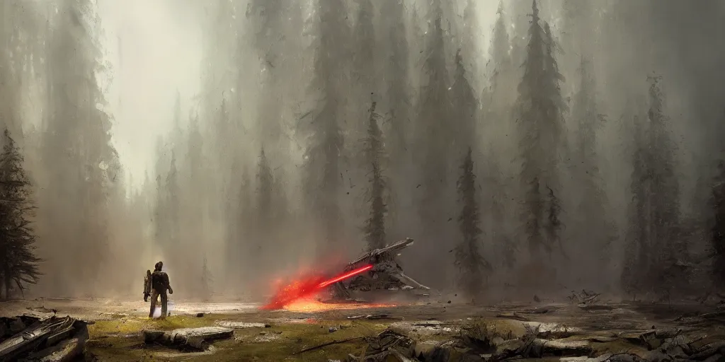 Prompt: a painting of a cinematic keyframe of star wars a destroyed at - at in a forest, heavy atmosphere, fire and smoke by greg rutkowski, rule of thirds, golden ratio, ambient lighting, wlop, artgerm, artstation, highly detailed masterpiece, dark fantasy art, high detail, trending on artstation