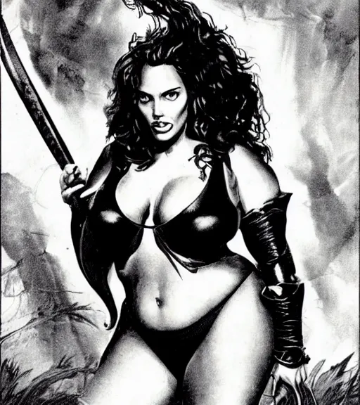 Image similar to 1 9 8 0 s fantasy novel book cover, bbw plus size amazonian angelina jolie in extremely tight bikini armor wielding a cartoonishly large sword, exaggerated body features, dark and smoky background, low quality print