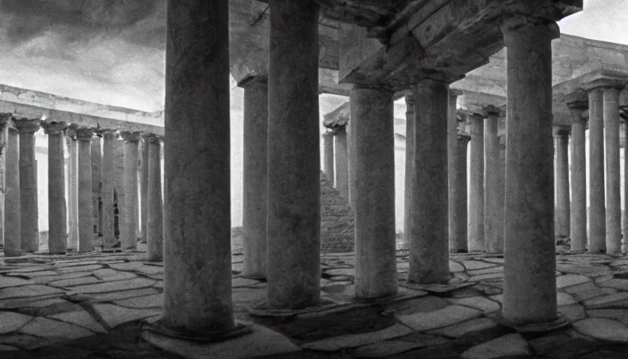 Prompt: 1 9 7 0 s andrei tarkovsky movie still of a pyramid building with columns, by piranesi, panoramic, ultra wide lens, cinematic light, anamorphic