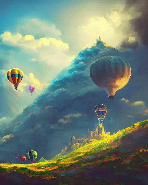 Image similar to flying cloud castle, buildings, baloons, bright, blue sky, mountains, colorful, cinematic lighting, fantasy, high detail, illustration, masterpiece, artstation, 4 k, art by wylie beckert