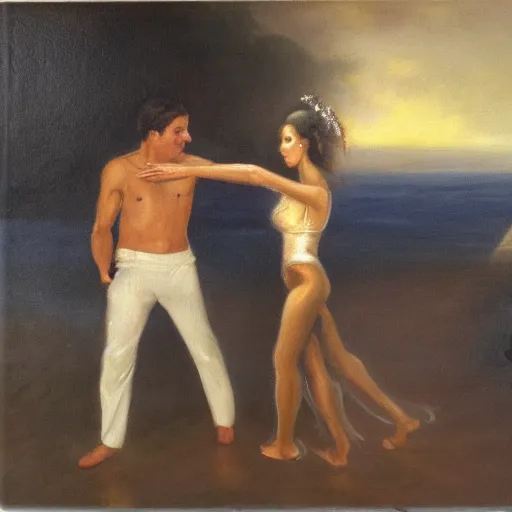 Image similar to A brunette Colombian woman and a Caucasian man dance intimately on a misty pier at midnight, sensual, romantic, oil painting