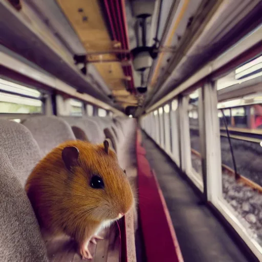 Prompt: photo of a train interior, a brown hamster is sitting on a seat, various poses, unedited, soft light, sharp focus, 8 k