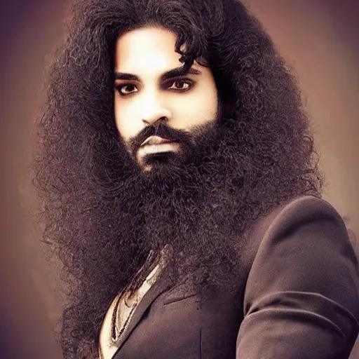 Image similar to prince with a thick beard and long hair, Arabic