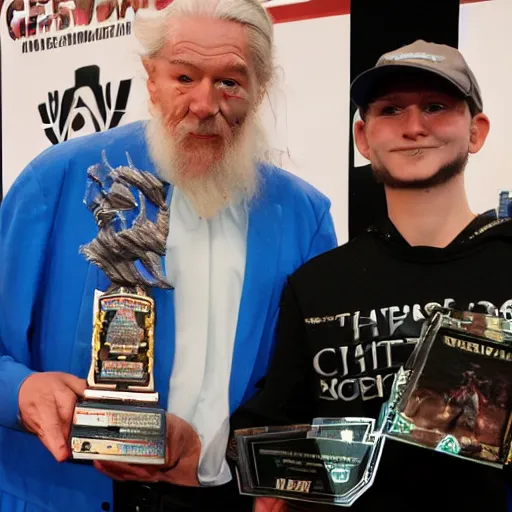 Image similar to gandalf winning an esports tournement,