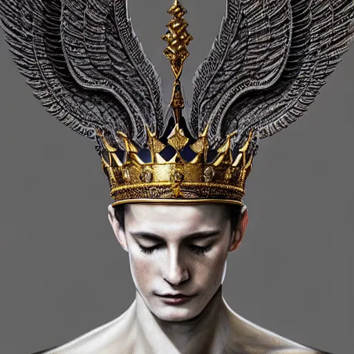Image similar to elegant king's crown made of many folded wings, delicate, fantasy, intricate, elegant, dramatic lighting, emotionally evoking symbolic metaphor, highly detailed, lifelike, photorealistic, digital painting, artstation, concept art, smooth, sharp focus, illustration, art by John Collier and Albert Aublet and Krenz Cushart and Artem Demura and Alphonse Mucha