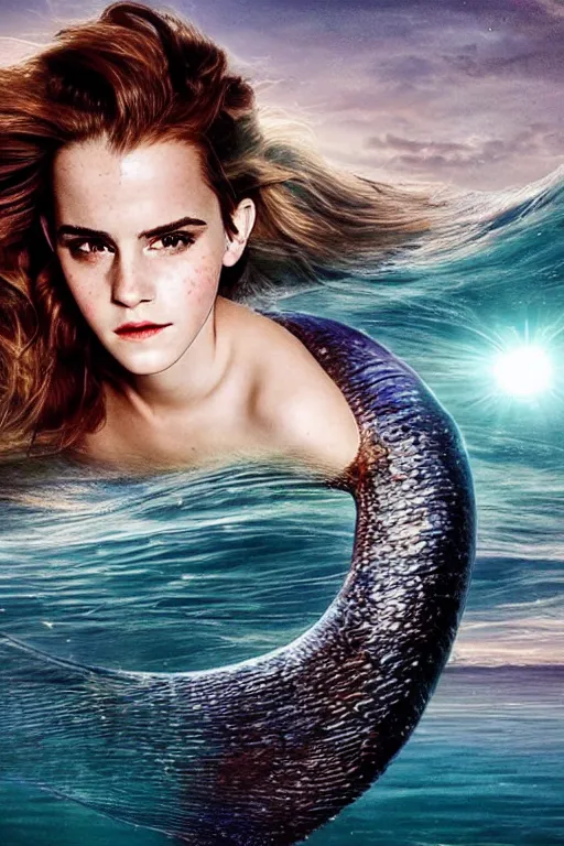 Prompt: Beautiful Photo of Emma Watson as a mermaid, full body, cinematic lighting, starlit shining eyes