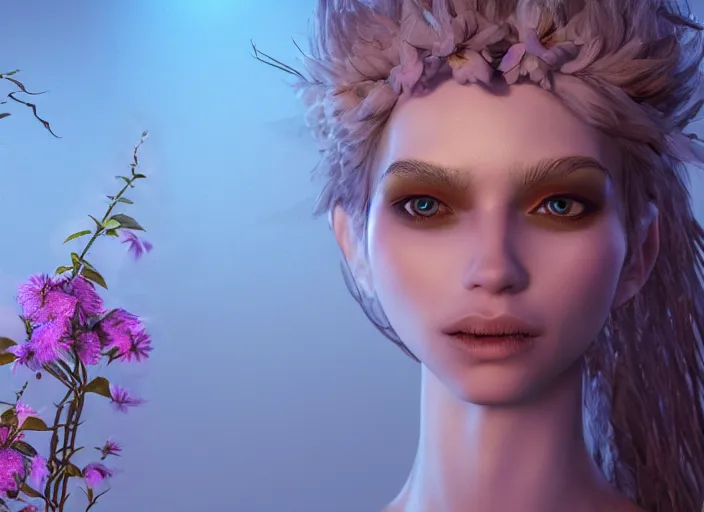 Prompt: Fantasy Alrune androgynous plant humanoid with flowers in hair plant body by Larry Elmore and Ilya Kushvikov, symmetrical face concept art, octane render unreal engine meta humans, artstation