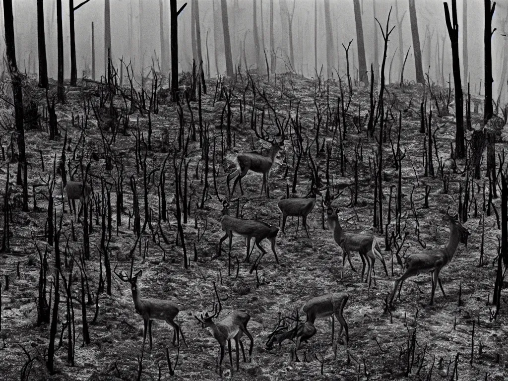 Prompt: Deer in the charred forest. Photograph by Sebastiao Salgado