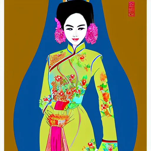 Image similar to silk painting of beautiful vietnamese princess wearing vietnamese ao dai, 2 d game art, character design, in the style of nguyen phan chanh and lam manh