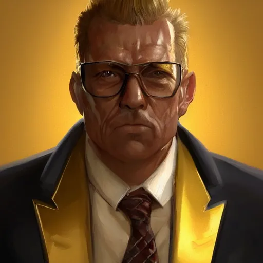 Image similar to a painted portrait of a middle-aged man in a golden suit, D&D, sci-fi, elegant, hopeful, muscular, highly detailed, digital painting, artstation, concept art, smooth, sharp focus, illustration