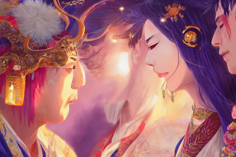 Image similar to close up moment of a divine a japan sun god and a moon goddess lovers magician at a wedding banquet, highly detailed, d & d, fantasy, 4 k realistic, digital painting, trending on artstation, concept art, sharp focus, illustration, art by makoto shinkai and akihiko yoshida and daniel gerhartz