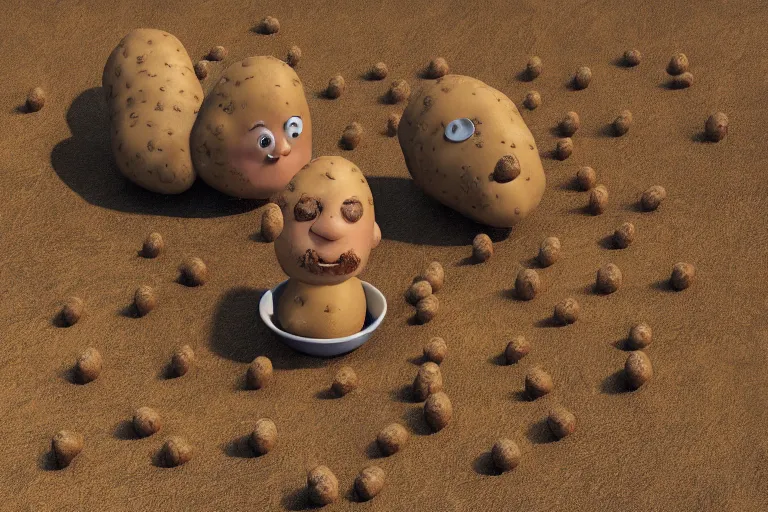 Image similar to the potato king which is a potato appears before the large crowd of his subjects in all his glory wearing his crown, concept art, blender, glossy googly eyes, realistic dirt, realistic potatoes.