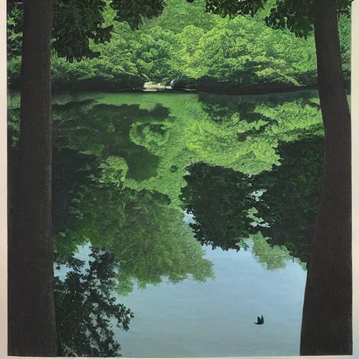 Image similar to escher painting of a lake, big trees reflecting on lake surface, ultra sharp, ultra detailed, colorized by salvador