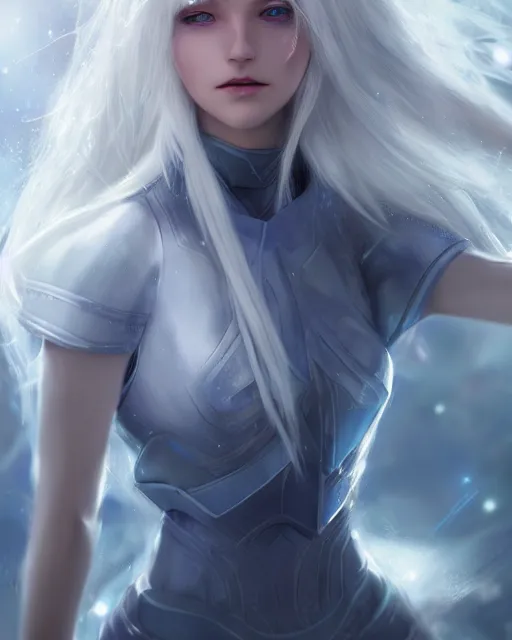 Image similar to perfect white haired girl, ethereal armor, beautiful, pretty face, blue eyes, detailed, windy weather, scifi, platform, laboratory, experiment, 4 k, ultra realistic, epic lighting, high detail, masterpiece, by akihito tsukushi, charlie bowater, ross tran