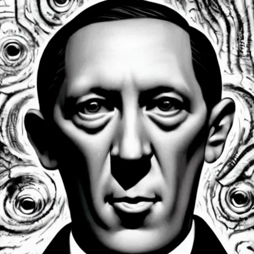 Image similar to h p lovecraft posing for a camera, holding up an eye during an photoshoot for his early 2 0 0 0's techno album, coloring reminiscent of the 2 0 0 0 s, artstation, detailed