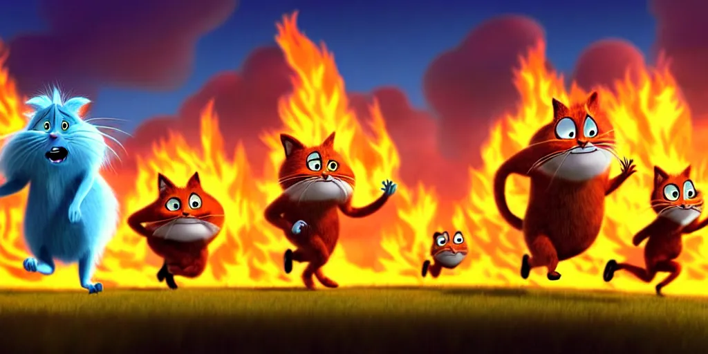 Prompt: cartoon concept art, terrified animal characters running from the fire, spiral clouds, from lorax movie