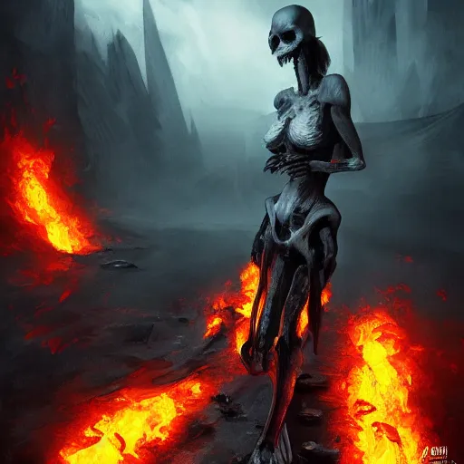 Image similar to A firey, hellish world with black ivory skeletons, dynamic lighting, cinematic, ultra detailed, creative, stunning visuals, hyperrealism, trending on art station