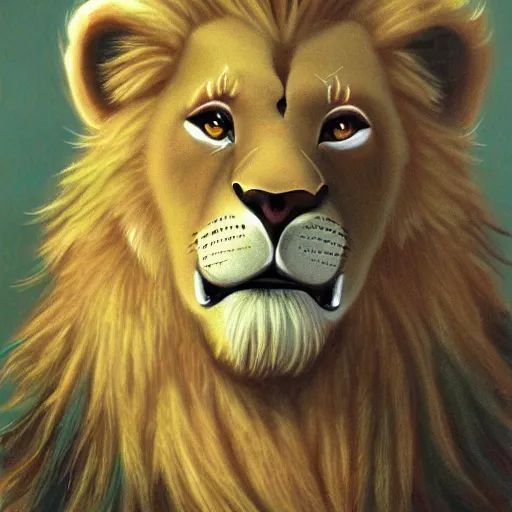 Prompt: an anthropomorphic lion, furry fursona furaffinity, by jim burns, james gurney, and david a. hardy