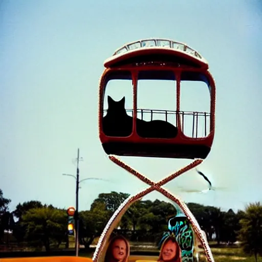 Image similar to !!! cat!!!, ( ferris wheel ), feline, sitting, riding, funny, award winning photo, realistic,