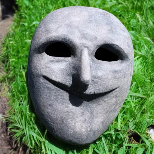 Prompt: a creepy stone mask with empty eyes and a smiling empty gaping mouth, the mask is smooth and has no nose