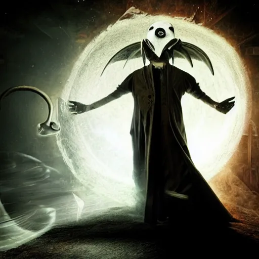 Image similar to sandman god of dreams wearing an plague - doctor mask, deliver me cosmic sight,, by patrick woodroffe, by igor morski, by lauri lipton, valley of the damned background, cinematic lighting, volumetric lighting, neosurrealism, realistic shadows, sandman, particle effects, rendered in octane, fantasy