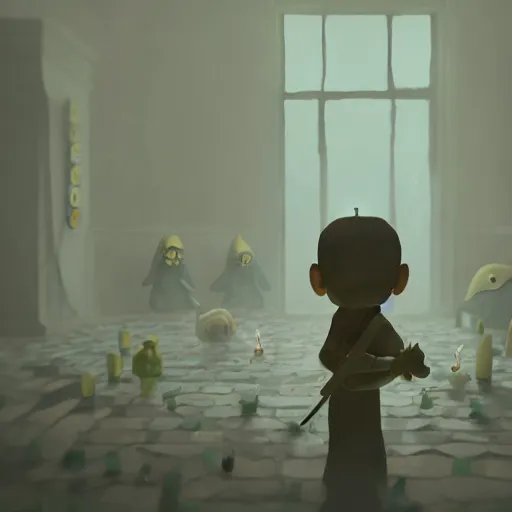 Prompt: a small child holding a candle in a room full of monsters, in the style of little nightmares, intricate digital art, octane, unreal 5, hyperrealist, rain, fog, sharp, studio, 8 5 mm sigma art lens, trending on artstation, breathtaking, groundbreaking, award winning, 8 k