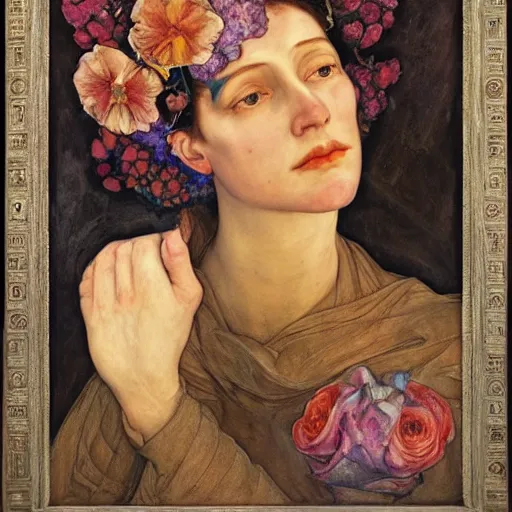 Image similar to flower queen, by annie swynnerton and tino rodriguez and nicholas roerich and lucien freud, dramatic lighting, floral tattoos, rich colors, smooth sharp focus, extremely detailed, adolf wolfli