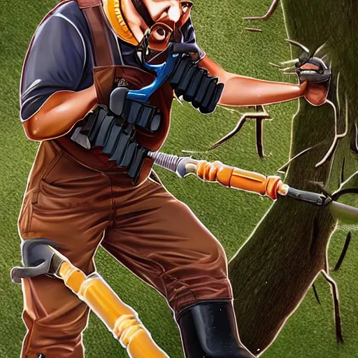 Prompt: man with huge drills as arms angrily drilling into trees with gaping holes, digital art