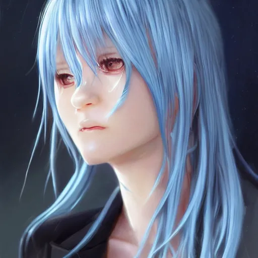 Prompt: profile shot of rimuru tempest, sky blue, straight hair, long bangs, | gold colored eyes | wearing a black jacket with white stripes, very high collar, highly detailed, unreal engine 5, digital painting, cinematic, wlop | artgerm, pixiv, yoshitaka amano, greg rutkowski, ilya kuvshinov, andy warhol