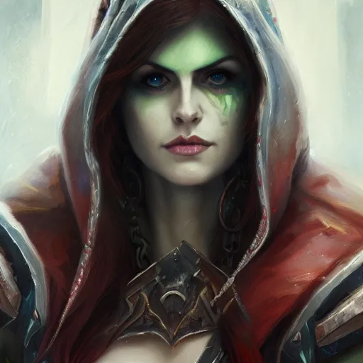 Image similar to Portrait Lady Sylvanas Windrunner, World of Warcraft, alexandra daddario, fanart, 4k oil on linen by wlop, artgerm, andrei riabovitchev, nuri iyem, james gurney, james jean, greg rutkowski, highly detailed, soft lighting 8k resolution