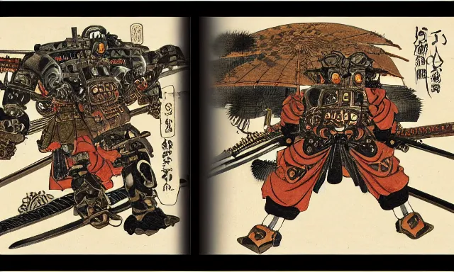 Prompt: steampunk mechs with katanas, in the style of utagawa kuniyoshi, sasai ukon masanao, classical japanese art, feudal japan art, tokusatsu, sci - fi illustrations, highly detailed, award - winning, gundam, mecha, ronin, shogun, samurai, japanese, dark, gritty, ink, watercolor