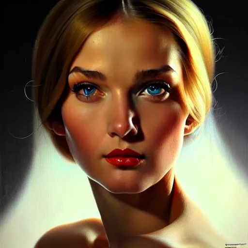 Prompt: close up face of a extremely beautiful bond female vam pire portrait, masterpiece, oil on canvas!, artgerm, norman rockwell, craig mulins, trending on pxiv,