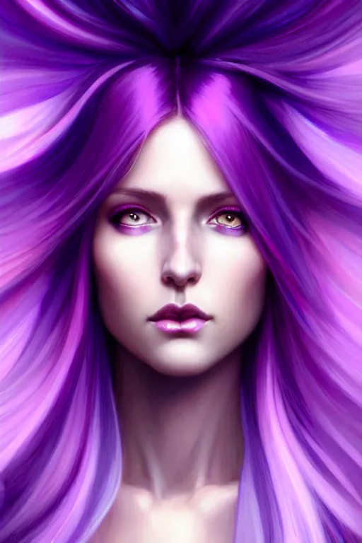 Image similar to Purple hair relistic Portrait of a woman with bright colored flying hair, all shades of purple. Hair coloring, long hair, blue eyes, fantasy, intricate, elegant, highly detailed, digital painting, artstation, concept art, smooth, sharp focus, illustration, art by artgerm and greg rutkowski and alphonse mucha