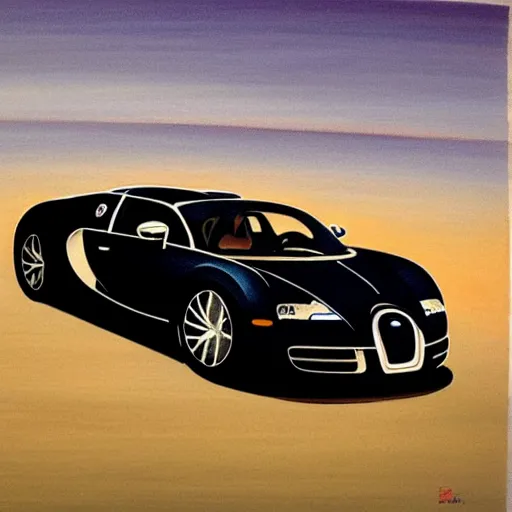Image similar to ukiyoe painting of a bugatti veyron, highly detailed