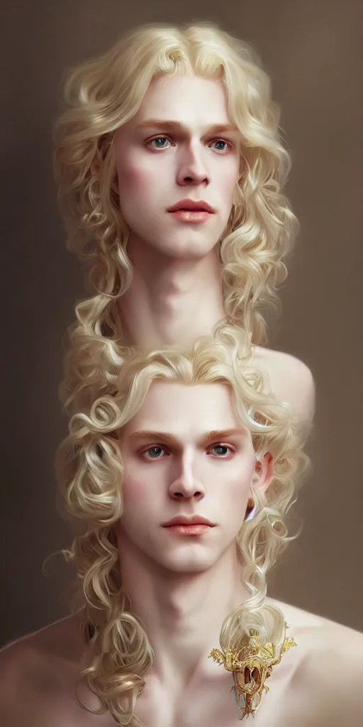 Prompt: a realistic liquid pale blond prince with a decorated dress made of white pearls , highly detailed, digital painting, very very very pale skin, long curly blond hair, Trending on artstation , HD quality, by artgerm and greg rutkowski and alphonse mucha, dramatic light, octane