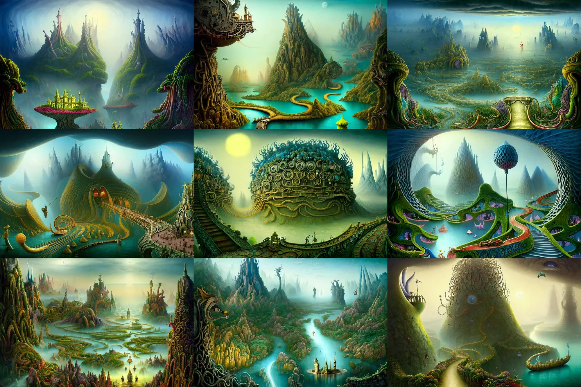 Prompt: a beguiling epic stunning beautiful and insanely detailed matte painting of the impossible winding path in a dream city with surreal architecture designed by Heironymous Bosch, dream world populated with mythical whimsical creatures, mega structures inspired by Heironymous Bosch's Garden of Earthly Delights, vast surreal landscape and horizon by Cyril Rolando and Asher Durand, masterpiece!!!, grand!, imaginative!!!, whimsical!!, epic scale, intricate details, sense of awe, elite, wonder, insanely complex, masterful composition!!!, sharp focus, fantasy realism, dramatic lighting