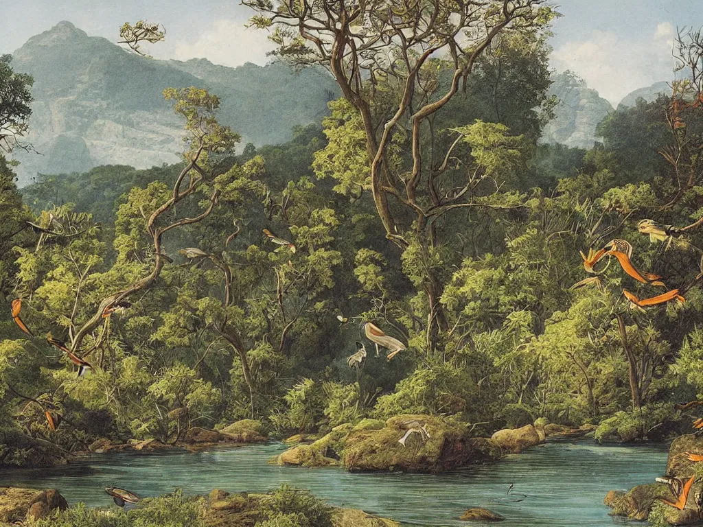 Image similar to Fauna on Earth 50 million years ago. A river, meadow. Painting by Audubon