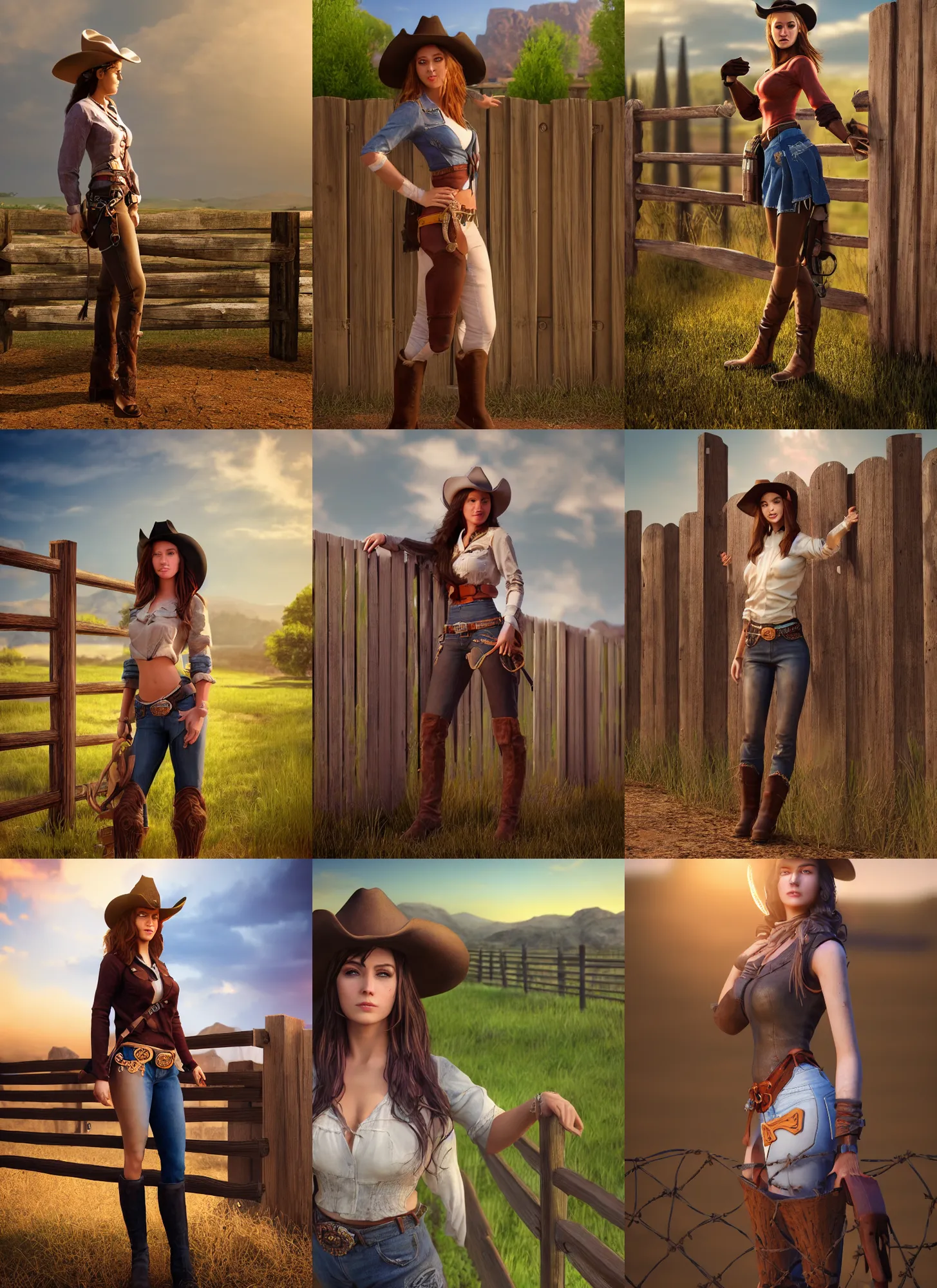 Prompt: detailed full body concept beautiful matte painting of a beautiful cowgirl with a beautiful face, standing by a fence, soft lighting, unreal engine, 4 k