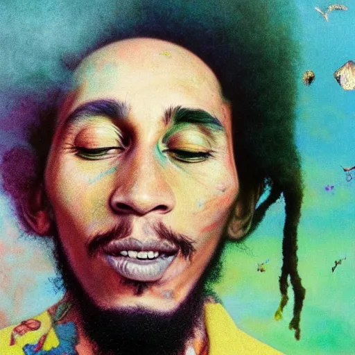 Image similar to colour masterpiece surreal closeup portrait photography bob marley by miho hirano and annie leibovitz and michael cheval, psychedelic smoke background by kilian eng and roger dean and salvador dali and beksinski, 8 k