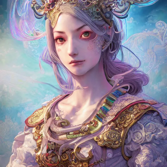 Prompt: studio portrait of the neutral good rainbow colorful female cleric bard healer as absurdly beautiful, elegant, young skinny european gravure idol, an ultrafine hyperdetailed illustration by kim jung gi, intricate linework, detailed faces, super sharp focus, bright colors, octopath traveler, final fantasy, unreal engine 5 highly rendered, global illumination, radiant light, detailed and intricate environment