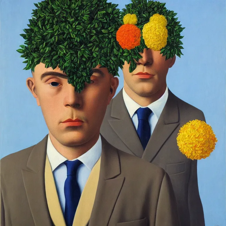 Image similar to portrait of man in a suit, his head is flowers, by rene magritte, detailed painting, hd, hq, high resolution, high detail, 4 k, 8 k