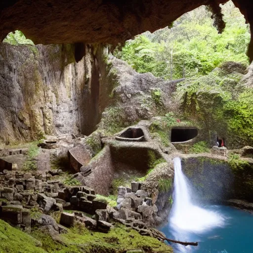 Image similar to ancient ruins and waterfalls in the interior of a cave