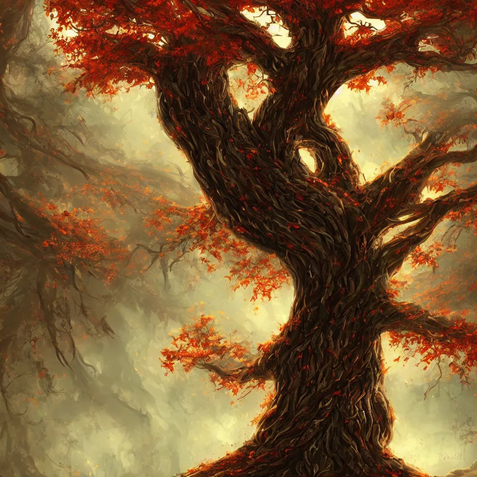 Image similar to giant tree,beautiful autumn spirit, digital art, concept art, fantasy art, highly detailed, HD wallpaper, artstation, Deviantart, abeyance