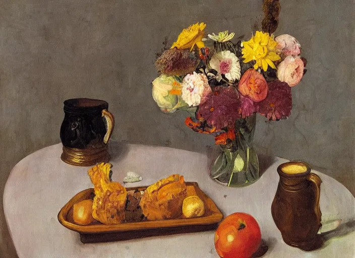 Image similar to a surreal painting of a breakfast still life, flowers, by George Baselitz, symbolist, soft colors, dramatic lighting, smooth, sharp focus, extremely detailed, aesthetically pleasing composition